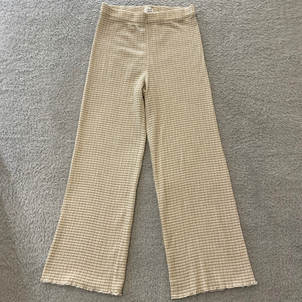Wilfred Gingham Seersucker Wide Leg Pant Womens Medium Cream Stretch Lettuce Hem